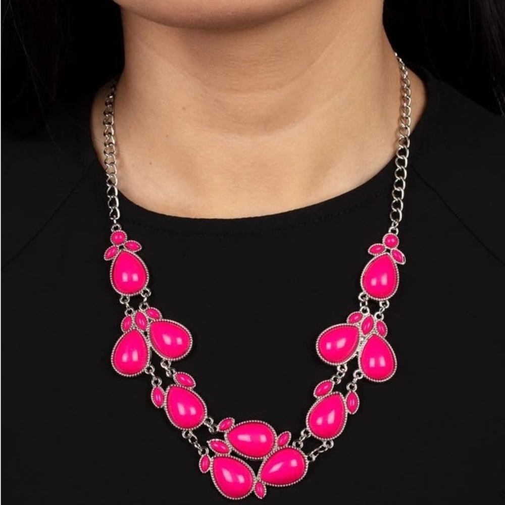 NEW Boutique Vintage 80’s Boho Barbie Pink Stone Necklace & Earrings Jewelry Set